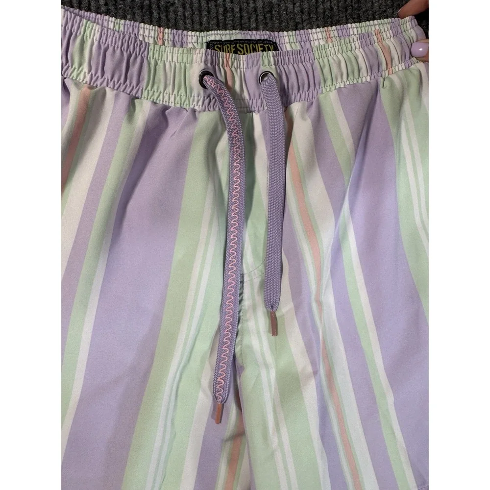 Surf Society‎ Men's Striped Swim Shorts Pastel Colors Medium Drawstring Lined